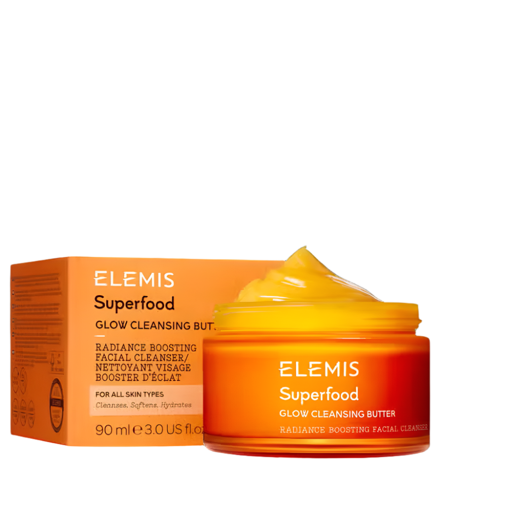Elemis cleansing butter jar with matching box, orange amber tub and yellow lid