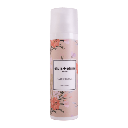 Marine floral hand cream bottle with floral print, white cap, elvis+elvin label