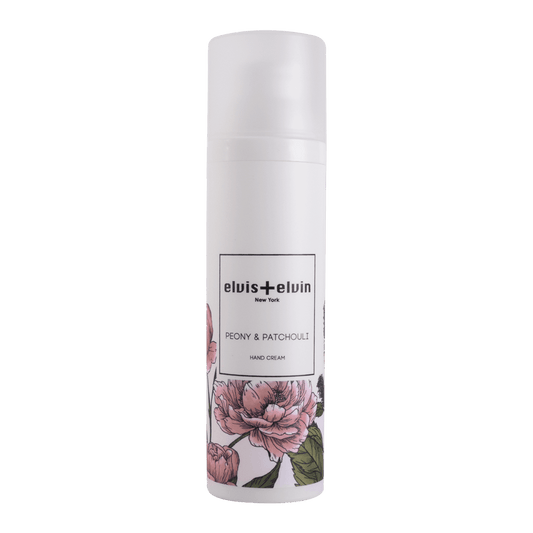 elvis+elvin hand cream bottle, white with peony & patchouli label