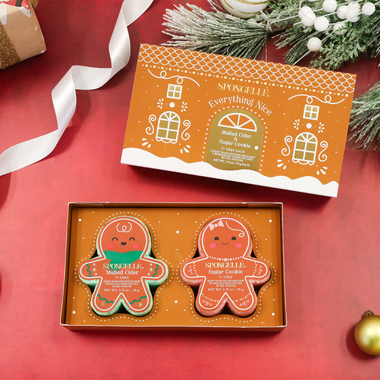 Holiday gingerbread gift set box with two gingerbread-shaped SpongeGelle sponges