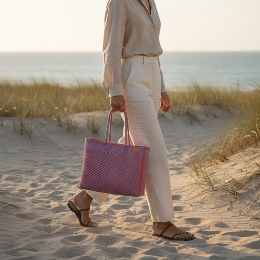 Chevron woven tote with rope handles, carried in hand