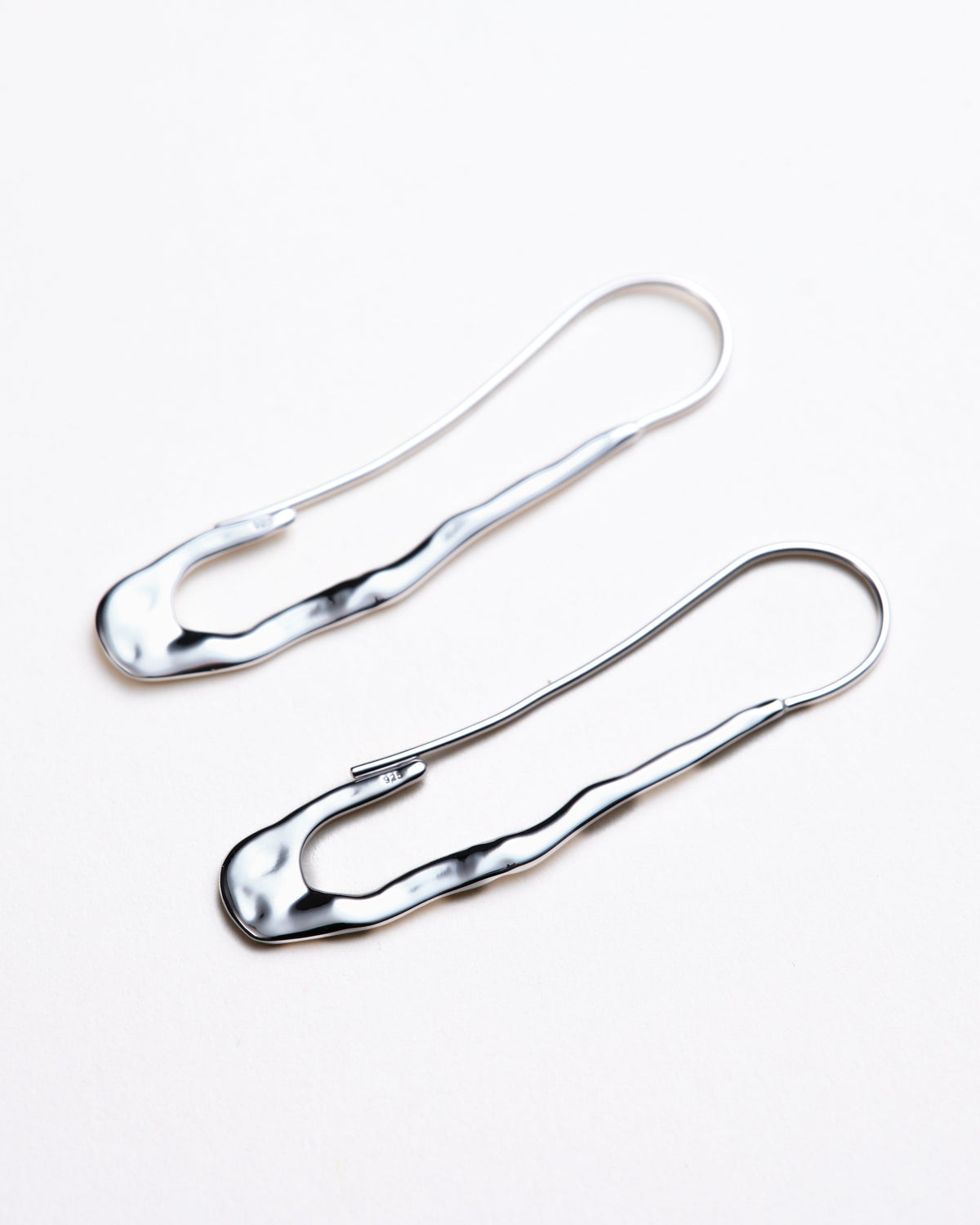 Silver paperclip earrings, two wavy elongated links with hook closures