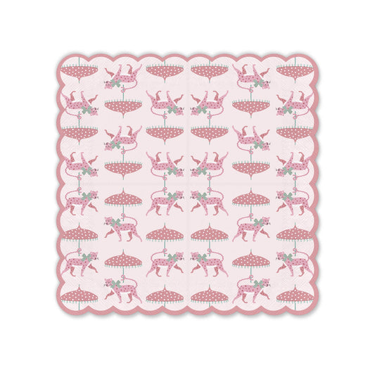 Pink beverage napkin set with scalloped edges and repeating leopard-and-tutus print