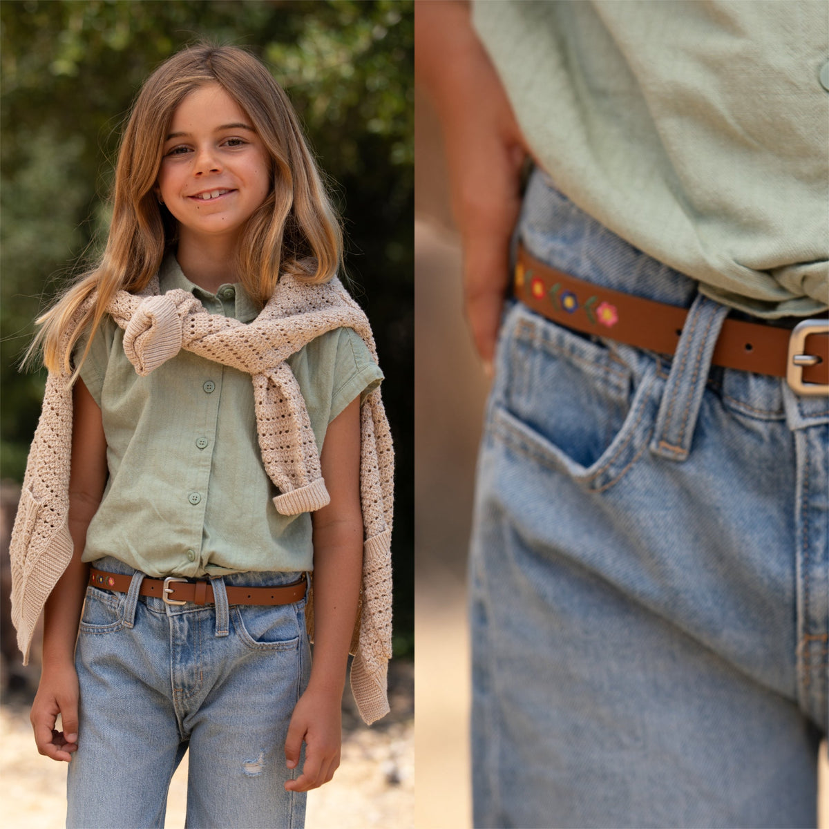 Girl wearing a brown floral-embroidered belt with jeans; detail view shows the buckle
