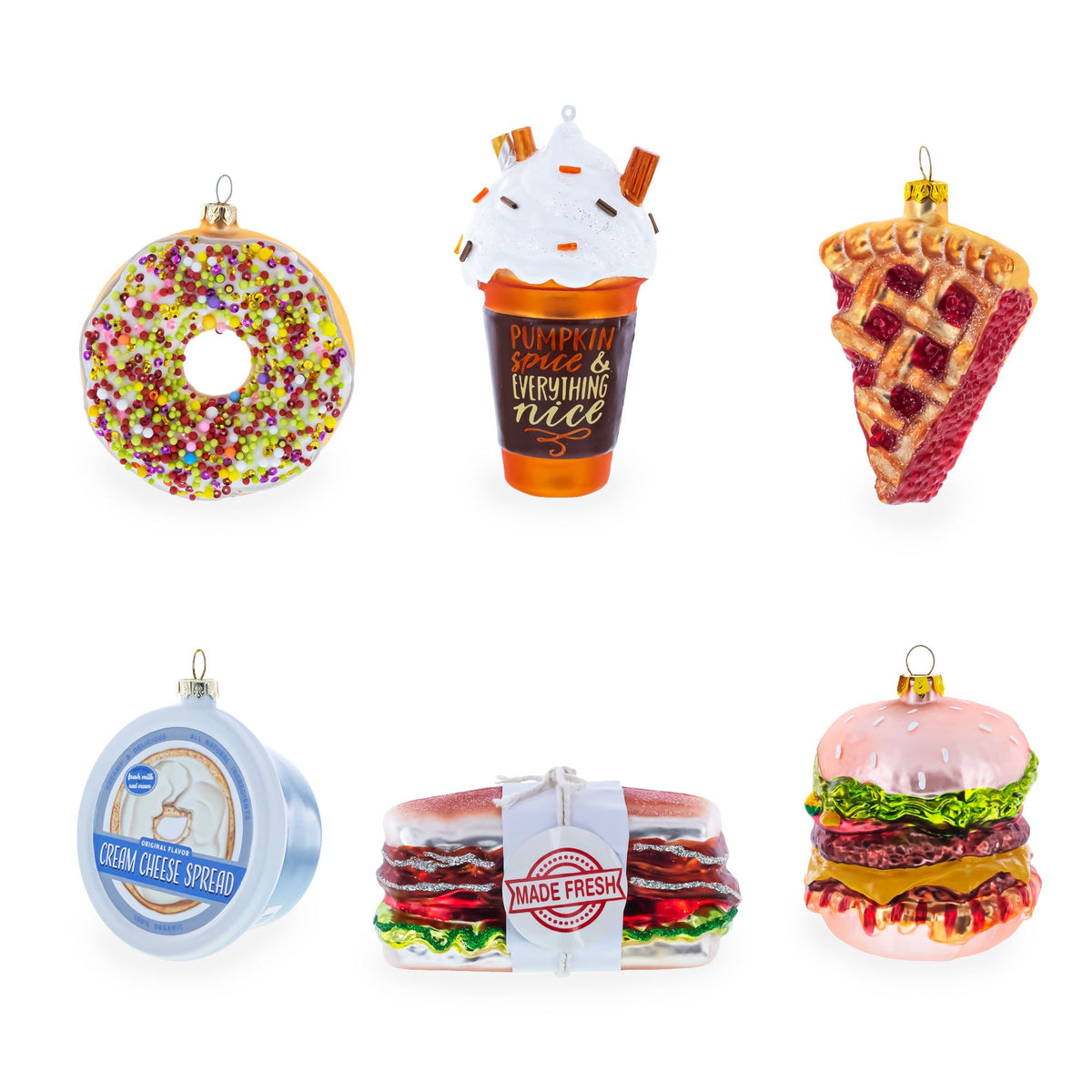 Assorted food-shaped glass Christmas ornaments with hanging loops