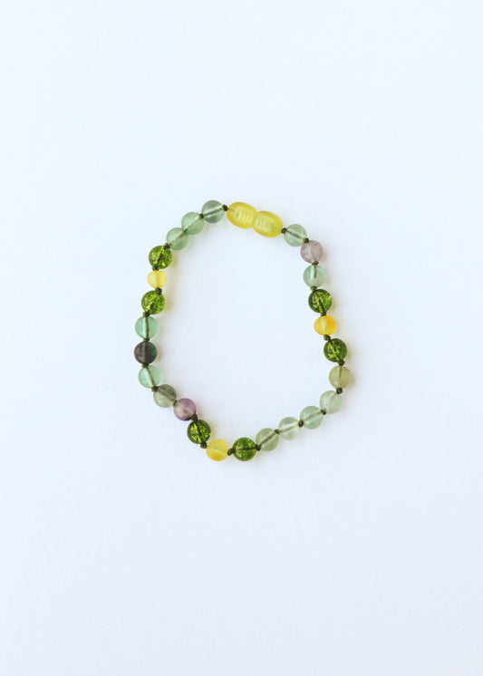 Green and yellow gemstone beaded anklet bracelet, round faceted beads