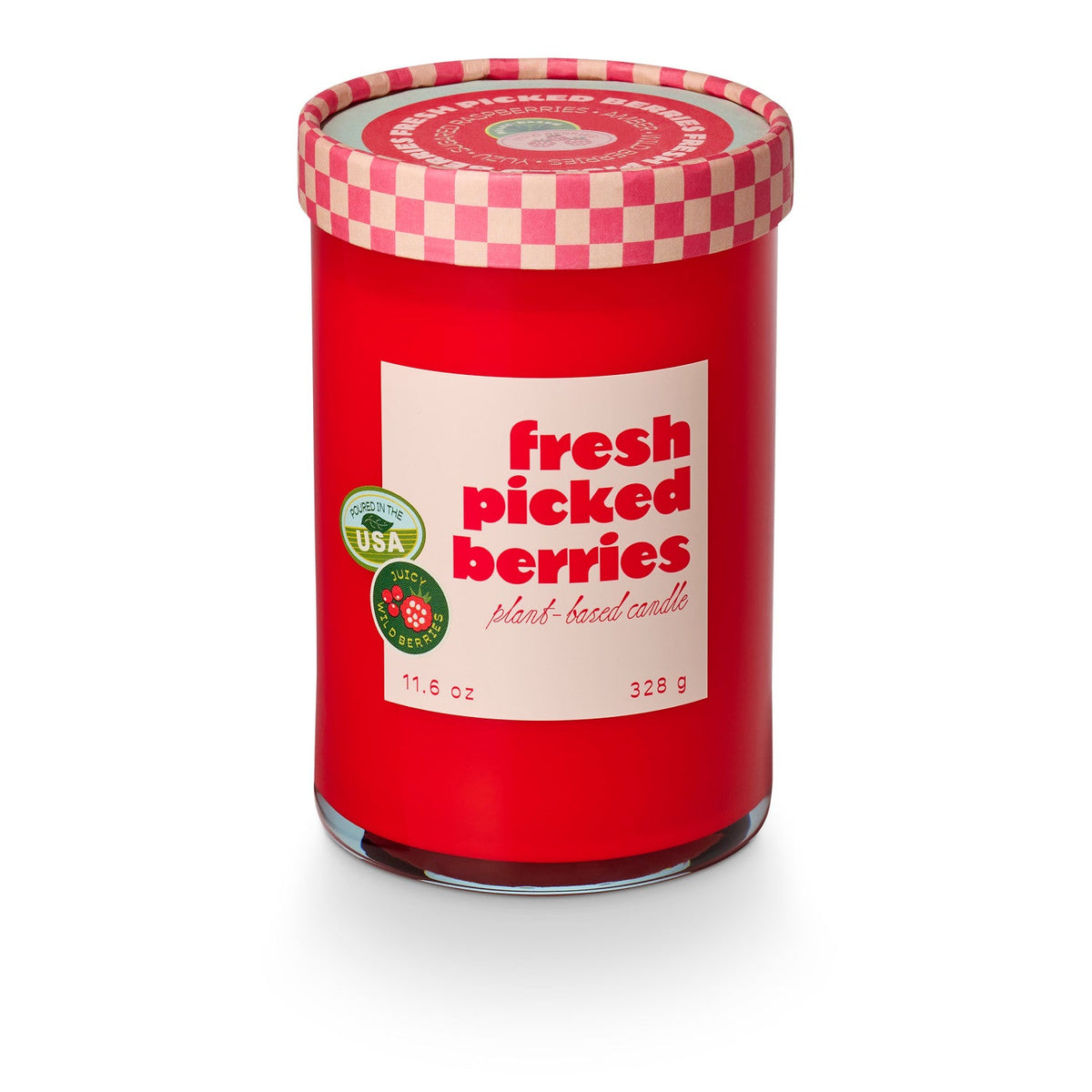Fresh Picked Berries glass candle: red jar with checkered lid and front label, front view.