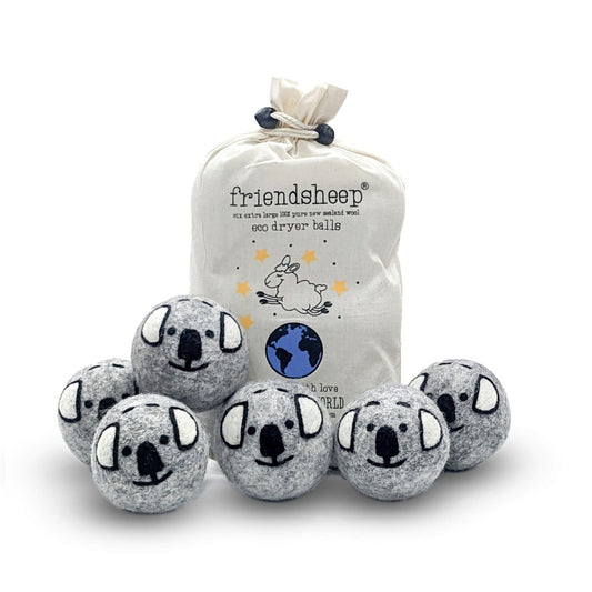 Koala dryer balls set in a drawstring bag, with six gray koala plush balls