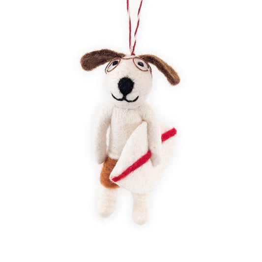 Felt surf dog ornament: beige plush dog with red surfboard stripe, hanging