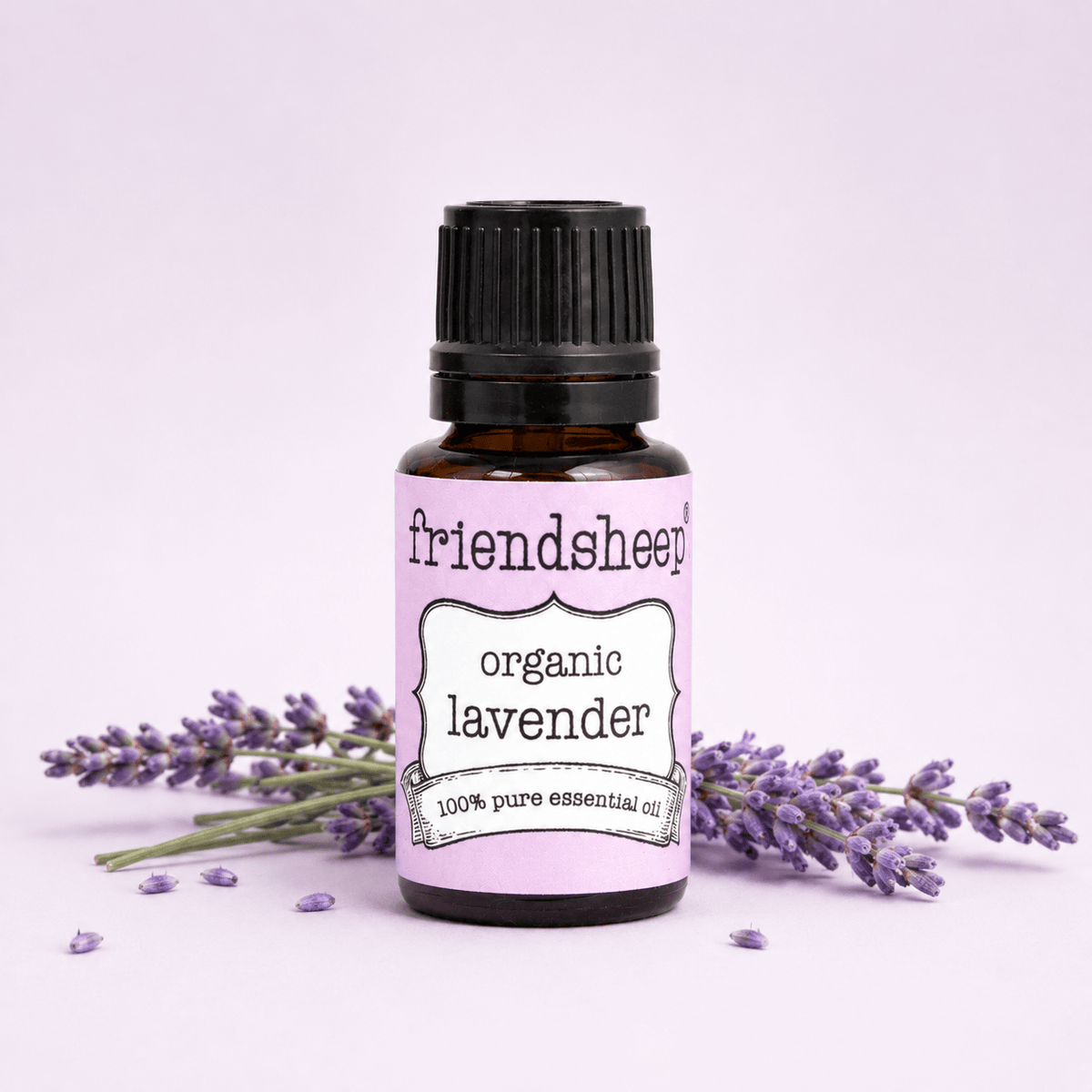 Lavender organic essential oil bottle with lavender sprigs and friendsheep organic lavender label