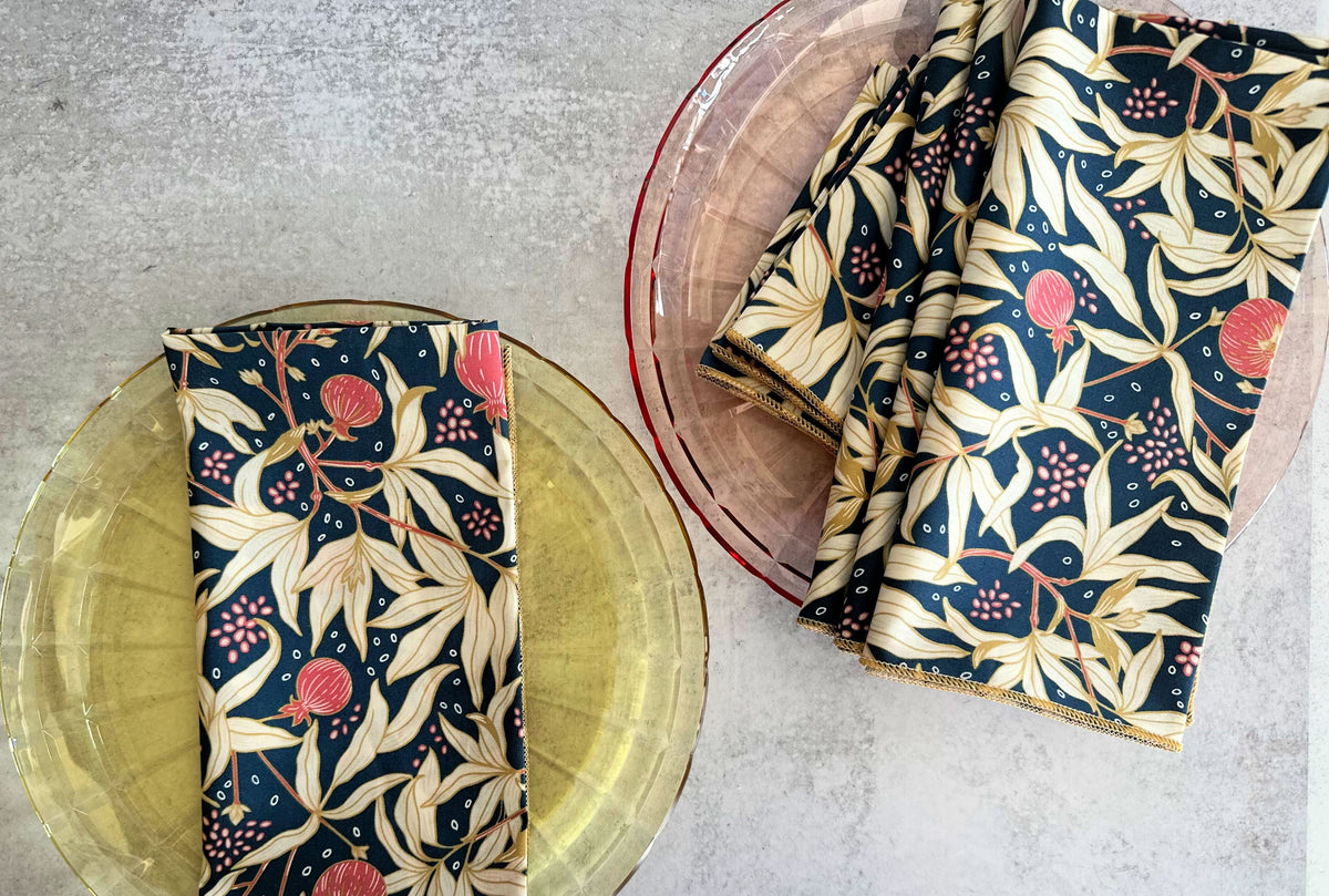 Cloth napkins set of four, navy floral print napkin with pink and cream botanical motif