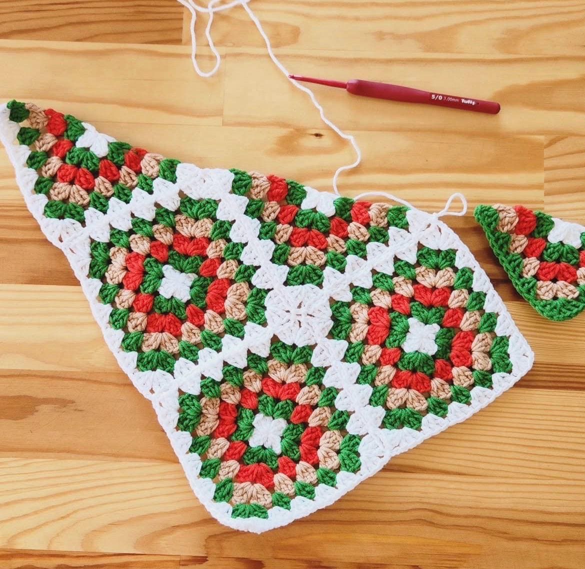 Handmade crochet granny square bandana in red, green, beige with white edging