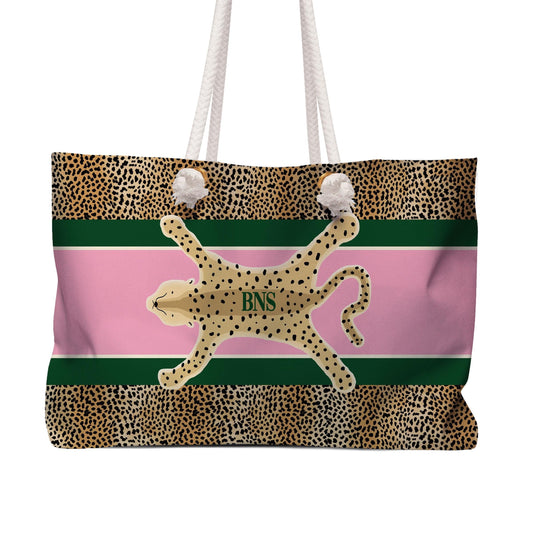 Personalized tote bag with white rope handles, pink and green stripes, leopard print, and cat graphic