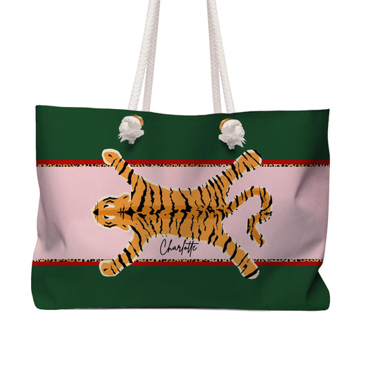Personalized tote bag with white rope handles, green and pink panels, and a tiger graphic