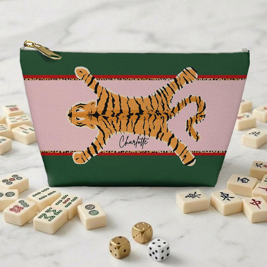 Personalized mahjong tile bag with zipper, green and pink panels, and tiger graphic