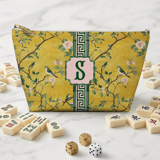 Personalized yellow floral mahjong bag with green trim and monogram