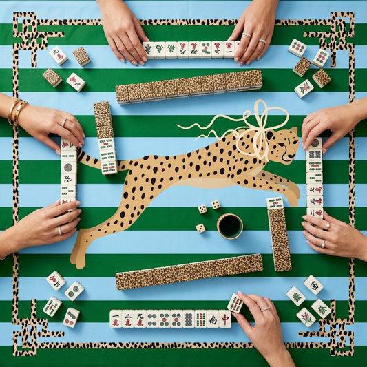 Custom Mahjong mat with green and blue stripes, spotted big cat design, and patterned border