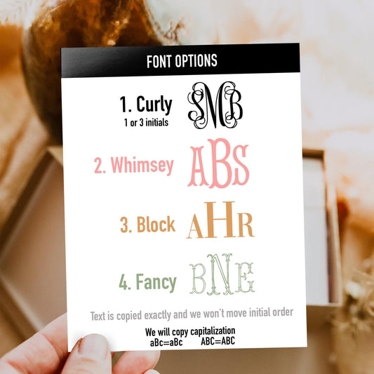 Custom mahjong mat font options card showing four styles for initials