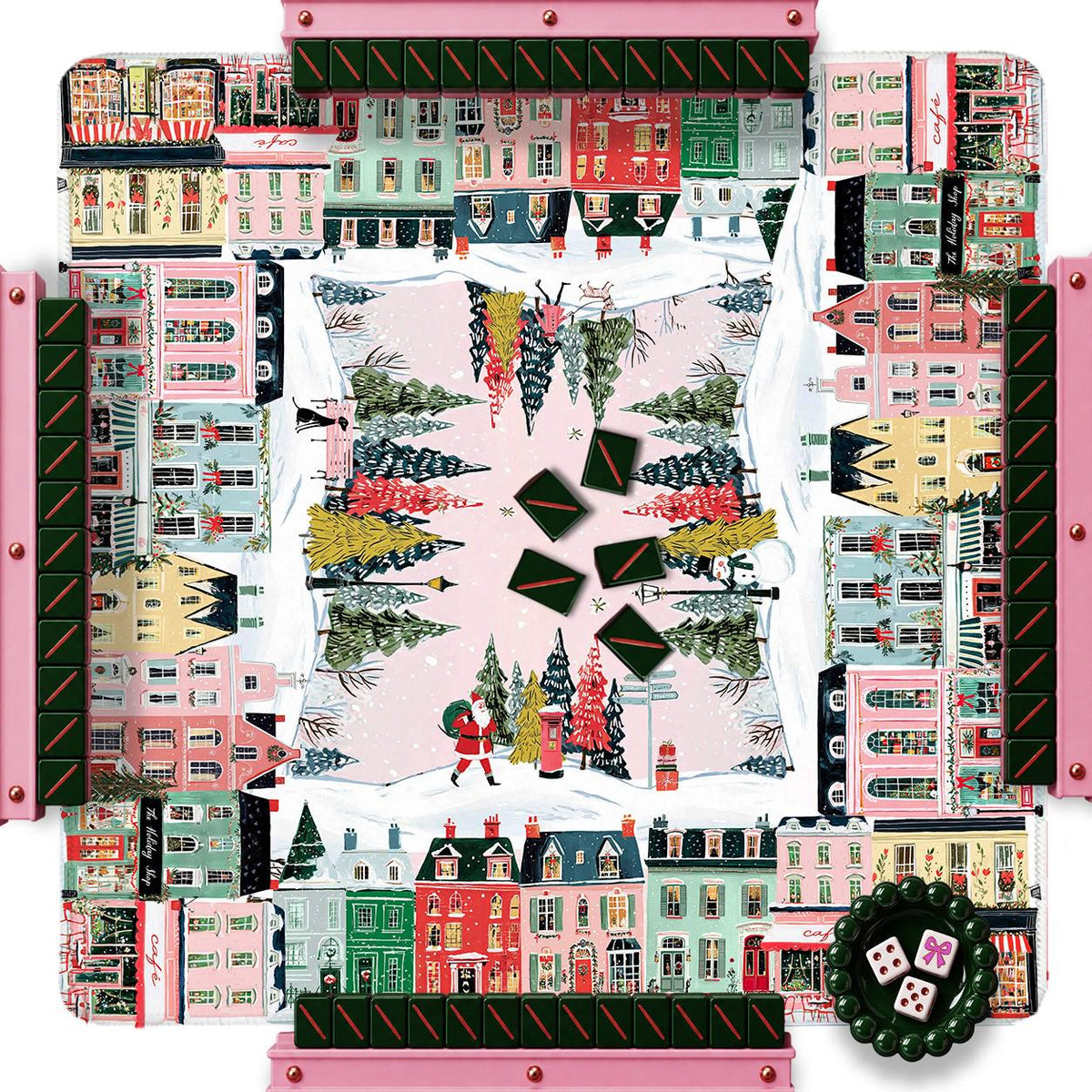 Christmas city-print mahjong mat with buildings, holiday trees, and scattered tiles