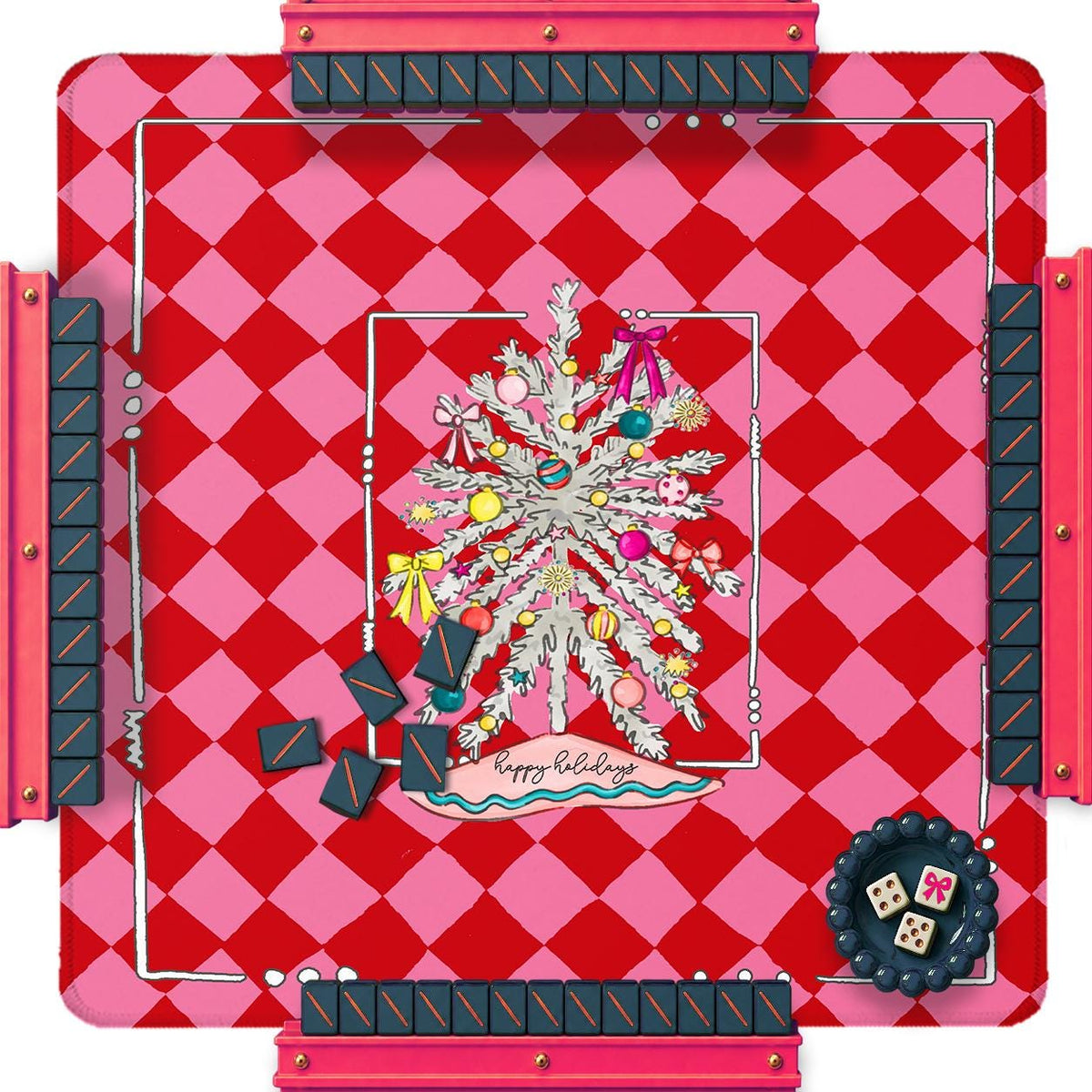 Christmas mahjong mat with red and pink checkerboard pattern, festive tree, and tile design