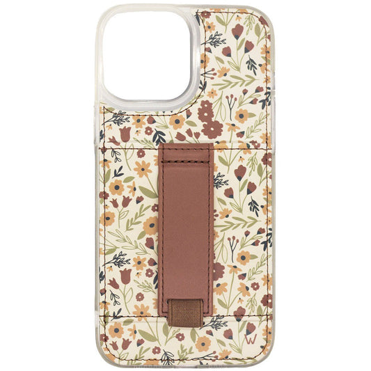Floral phone case with clear bumper and brown strap pocket