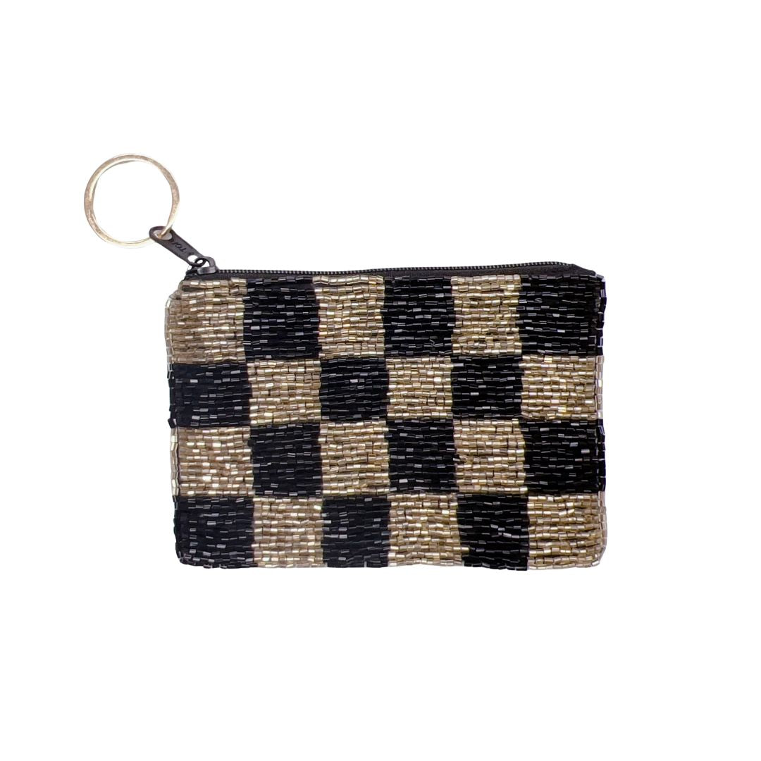 Black and gold checkered keychain pouch with zip and metal keyring