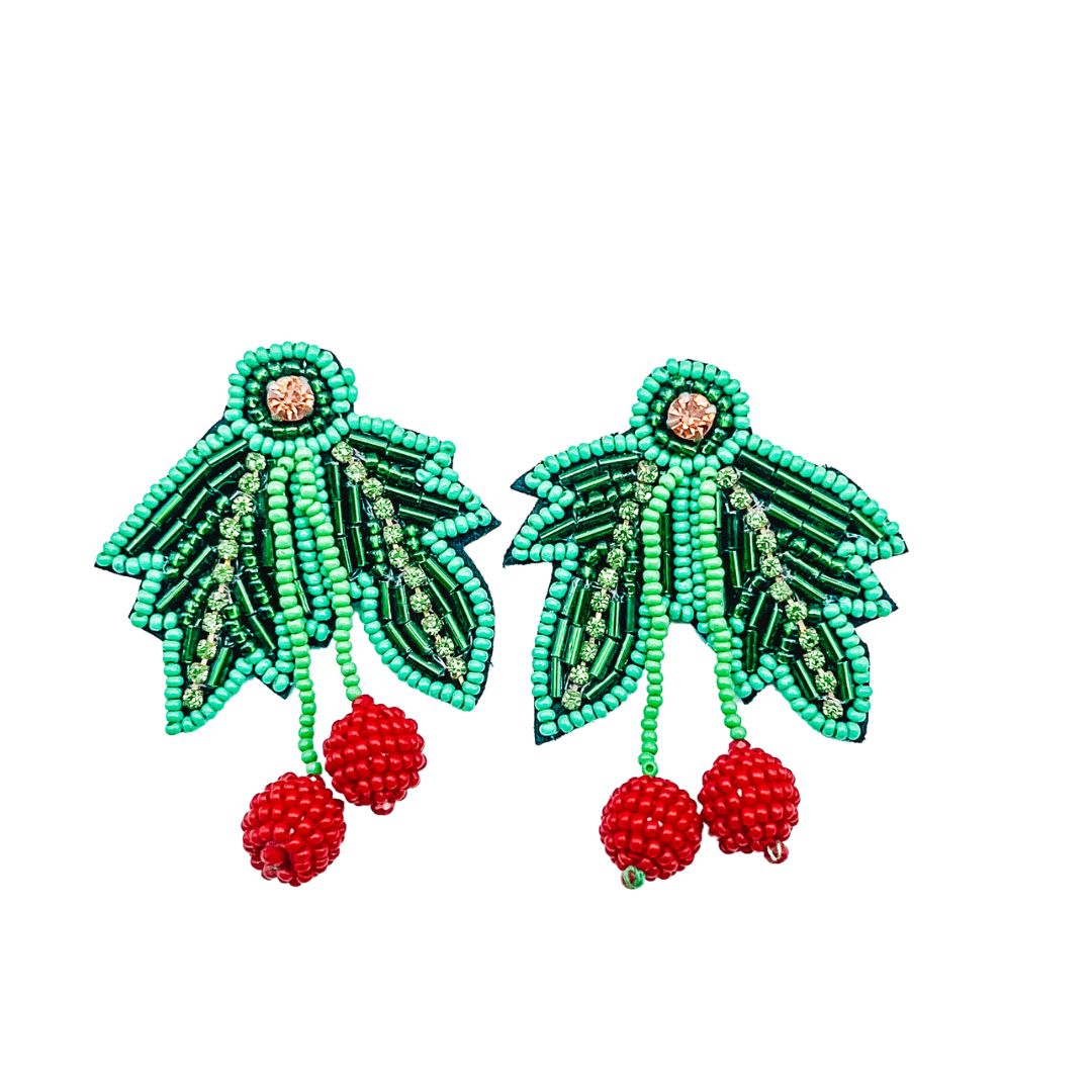 Beaded green leaf earrings with red berry dangles