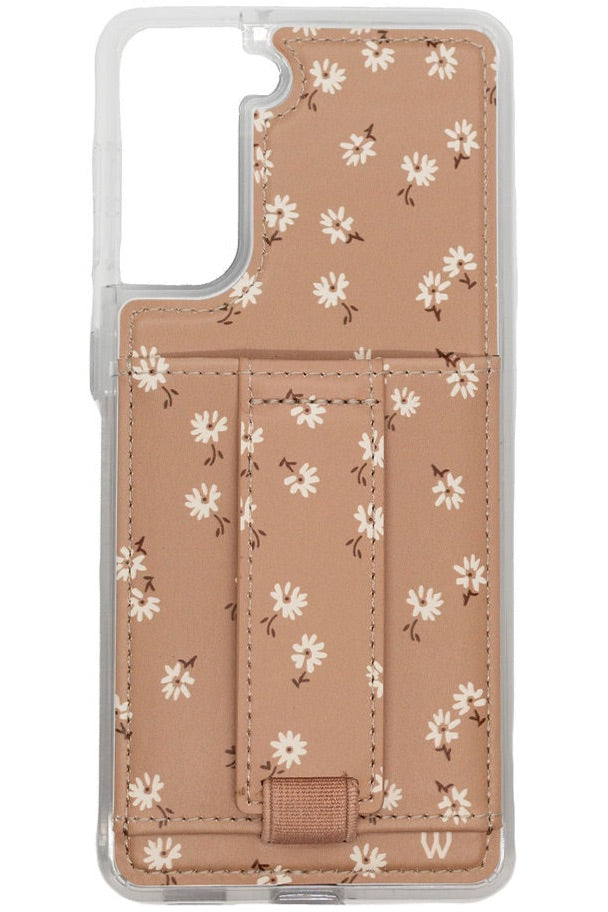 Brown floral phone case with white daisies and card-holder pocket in clear casing