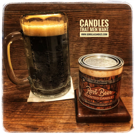 Scented candle tin with label on wooden tray beside beer mug with foam