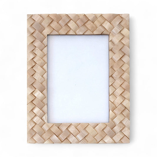 Ivory woven resin picture frame with square opening, holds 5x7 photo, front view