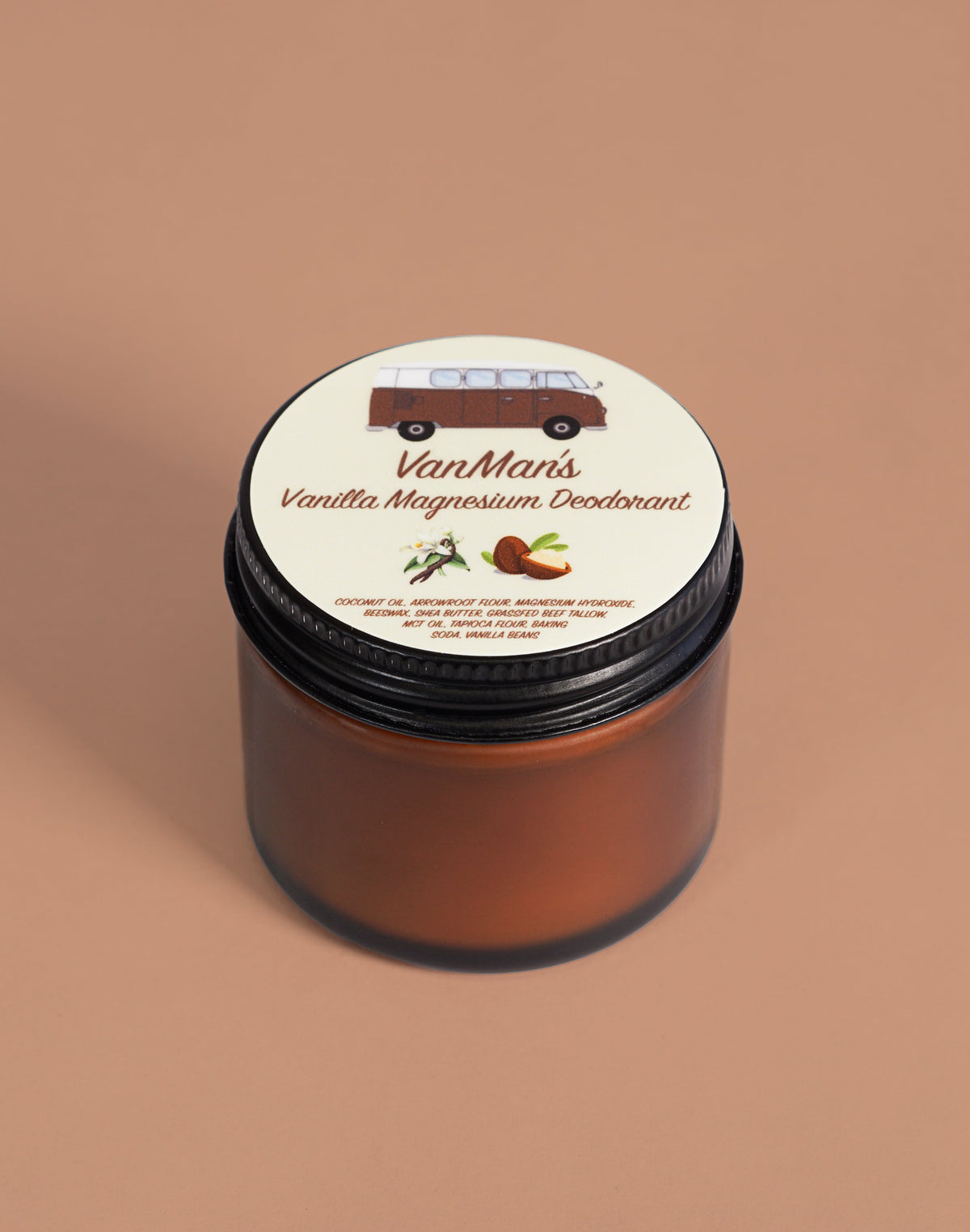 VanMan's vanilla magnesium deodorant jar with black lid and printed vanilla magnesium label on brown container.