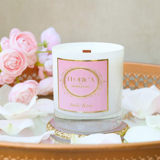 Florica Jude Rose scented candle in white-tinted glass with pink gold-edged label