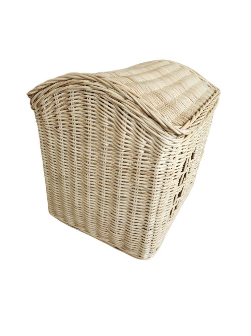 Beige woven rattan toy storage basket with a hinged lid