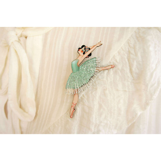 Ballet dancer brooch in teal-green tutu with silver glitter veil and arms out