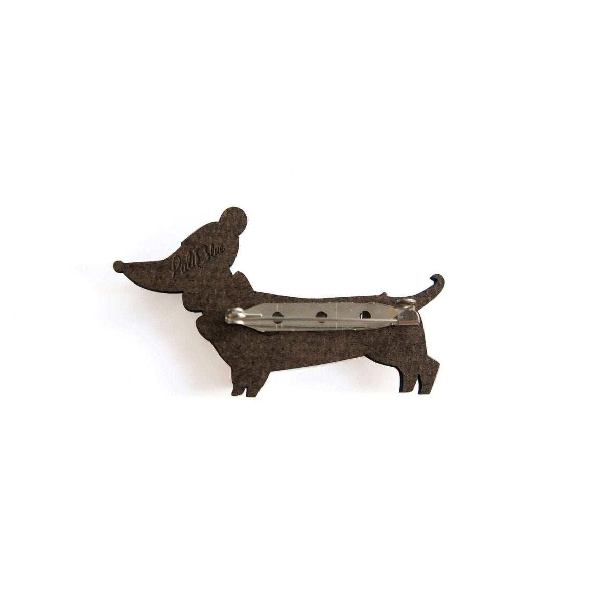 Dog brooch back view with silver pin clasp, brown felt dachshund outline