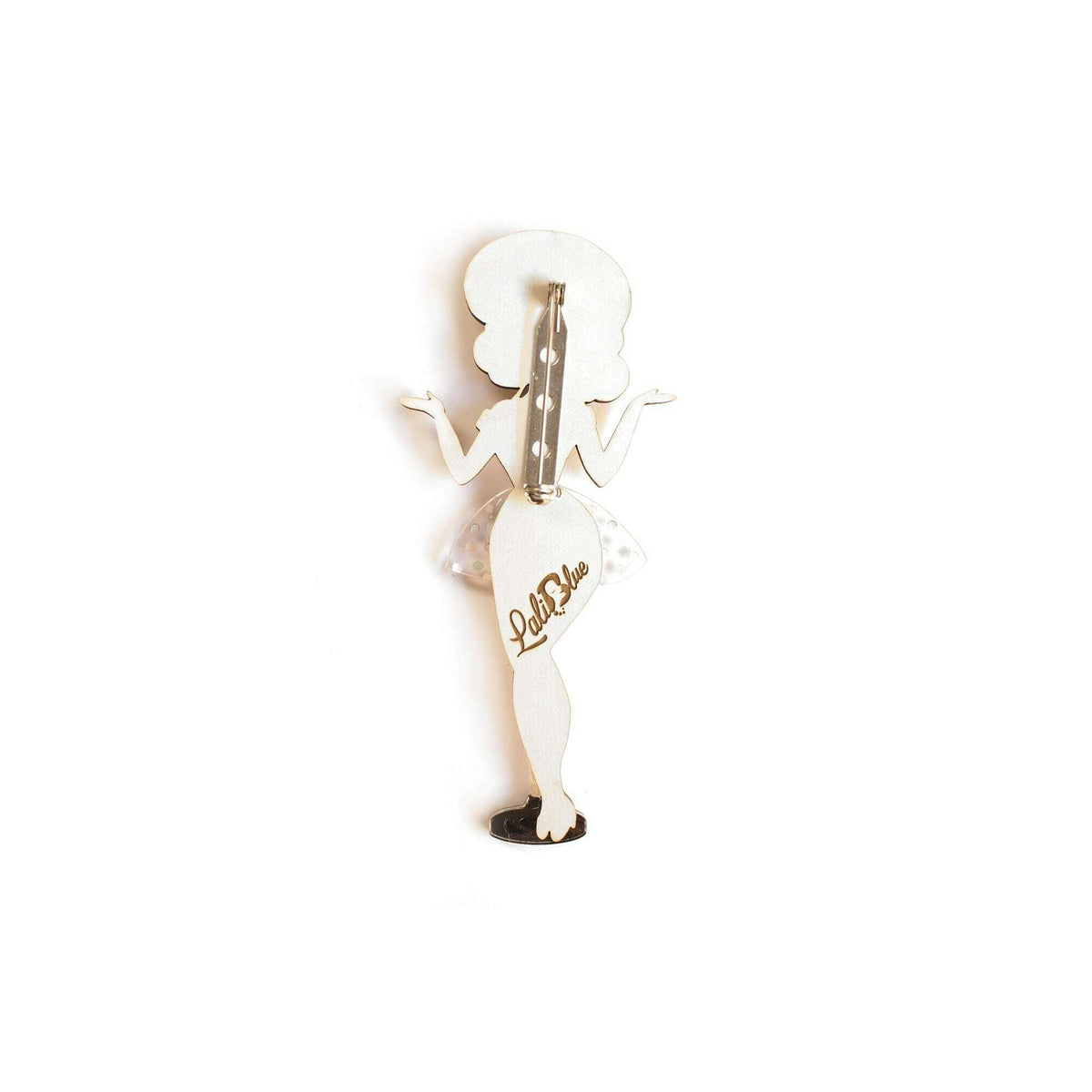 Pin-up singer enamel brooch with gold back clasp and Laliblue tag