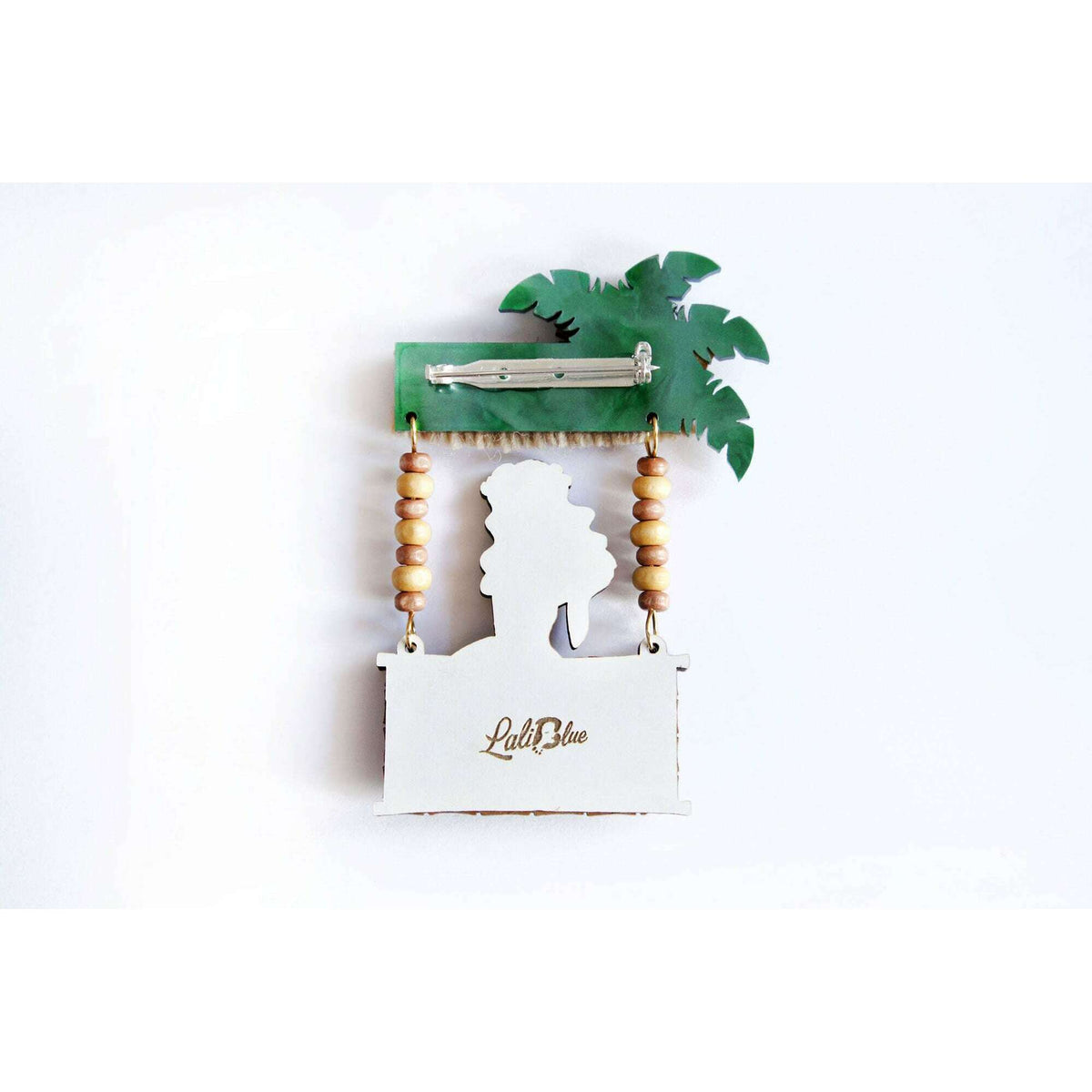 Laliblue tiki bar brooch with metal pin and palm-leaf top, wooden bead accents