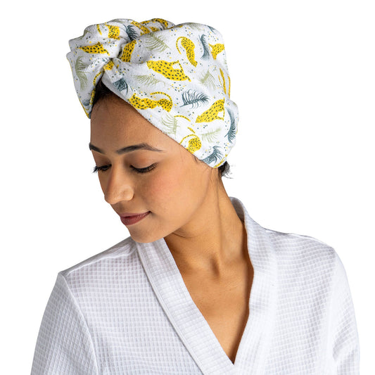 Microfiber turbo towel head wrap with tiger-print pattern worn by a person