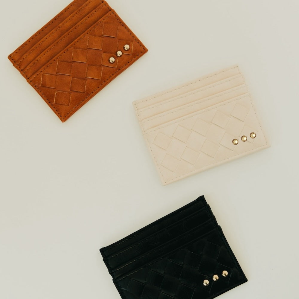 Woven small card holder wallet, black/cream/brown with gold-tone snap buttons
