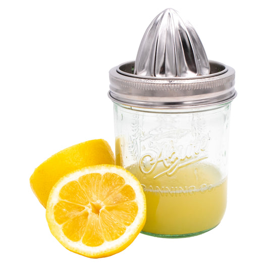 Stainless steel wide-mouth mason jar juicing lid with ridged press cone