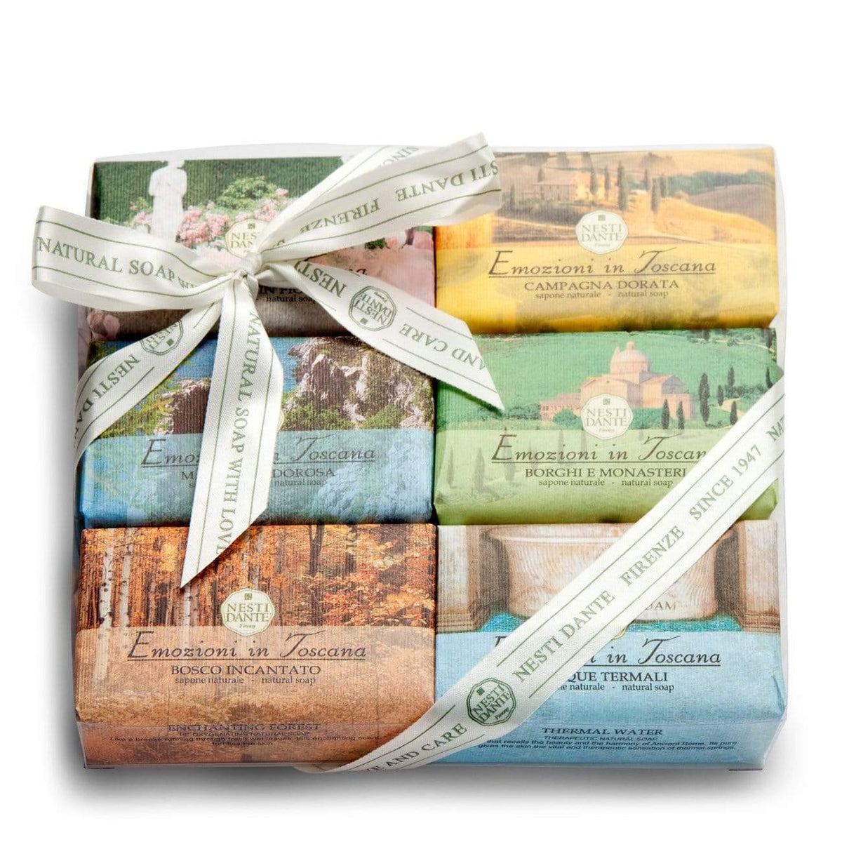 Nesti Dante Emotions in Tuscany soap gift set with assorted bar soaps and labels