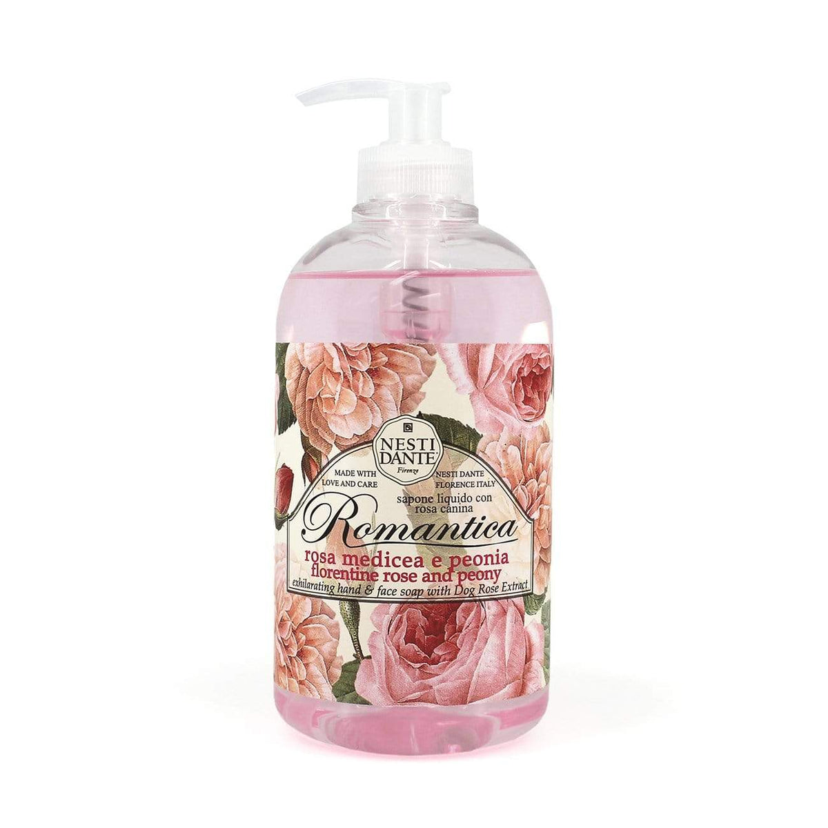 Nesti Dante liquid soap bottle with white pump, pink translucent floral label