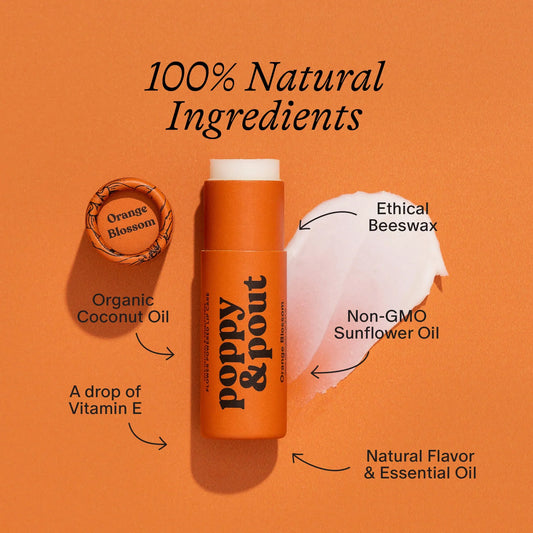 Orange blossom lip balm tube with ingredient callouts for beeswax and sunflower oil