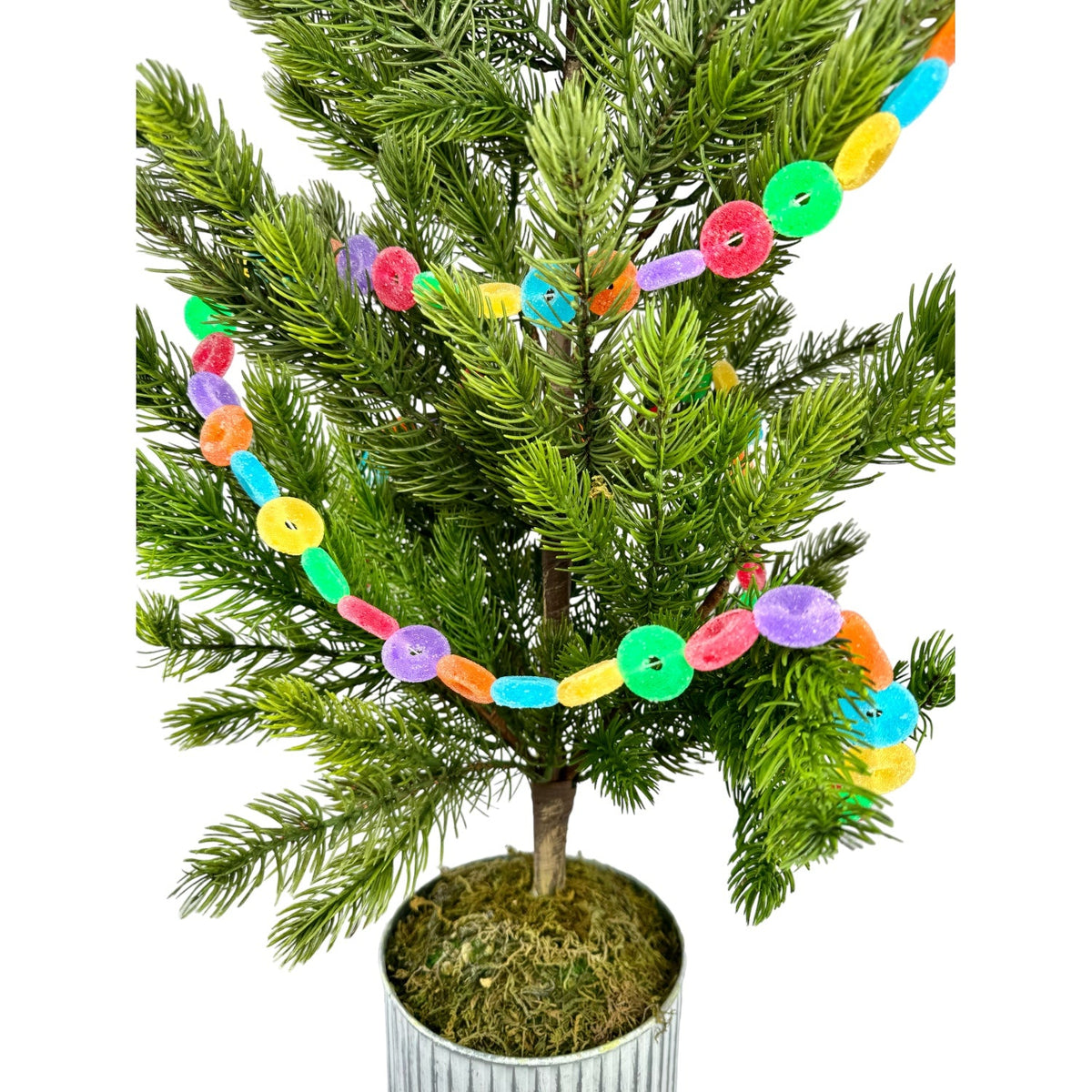 Multicolor bead string garland draped across artificial evergreen tree