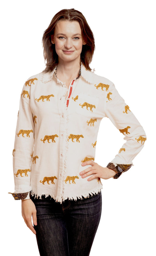 Ivory cheetah-embroidered button-up top with fringe hem