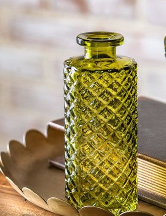 Olive green textured glass bud vase with diamond pattern and short neck