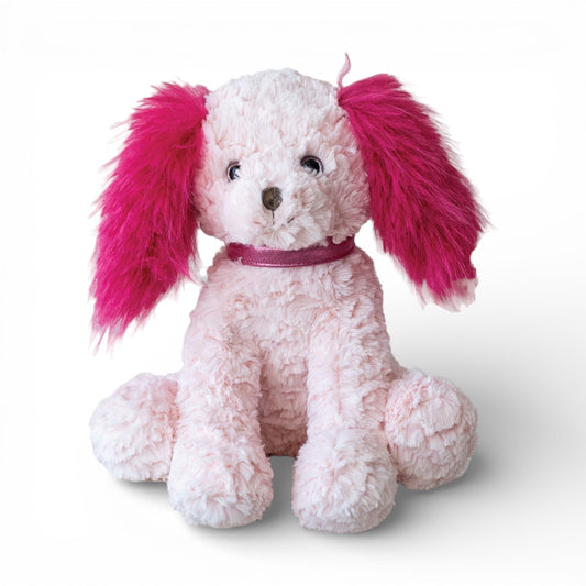Pink and fuchsia plush dog with floppy ears and dark collar, seated