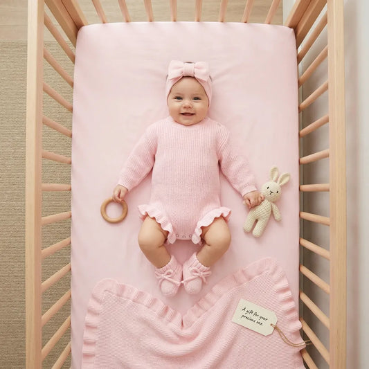 Pink knit baby romper with scalloped ruffle cuffs and snap button bottom