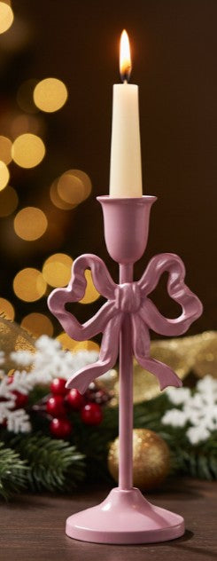 10-inch cast iron bow taper holder in pink, bow-shaped candle stand for taper