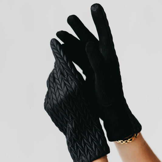 Black quilted gloves, textured diamond pattern on back and full-finger fit